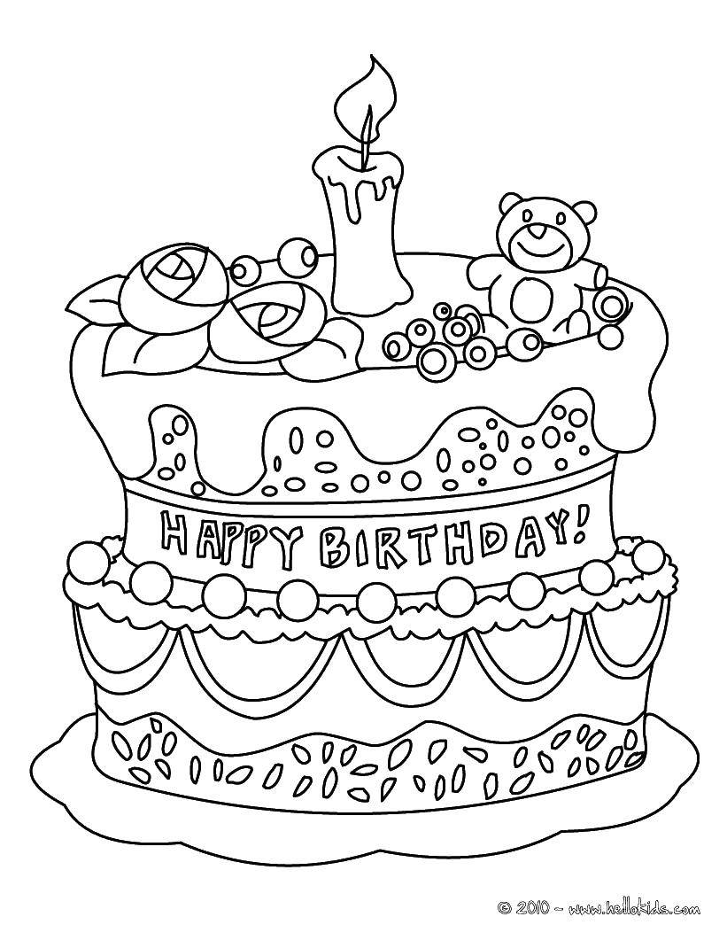 Название: Раскраска Торт для дня рождения. Категория: торты. Теги: торт, мишка, розочки, свечка.