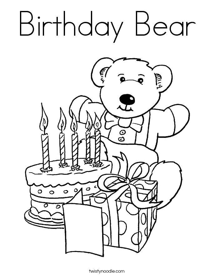 Coloring Cake and presents. Category cakes. Tags:  cake, Teddy bear, gift, candle.