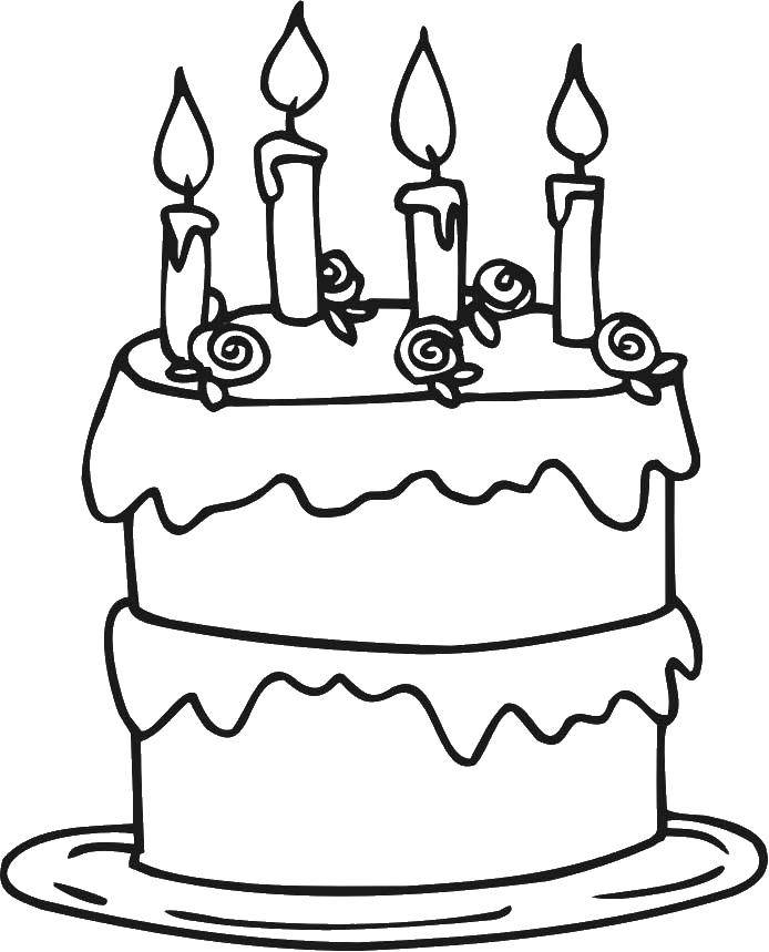 Название: Раскраска Торт с розочками и свечи. Категория: торты. Теги: торт, свечки, крем.