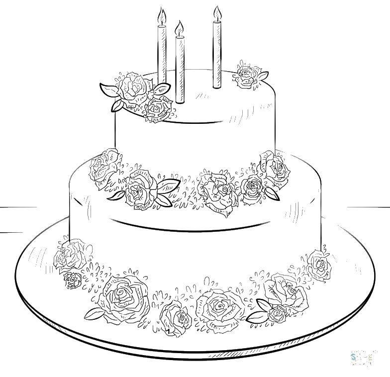 Название: Раскраска Торт с цветами и свечи. Категория: торты. Теги: торт, свечки, крем.