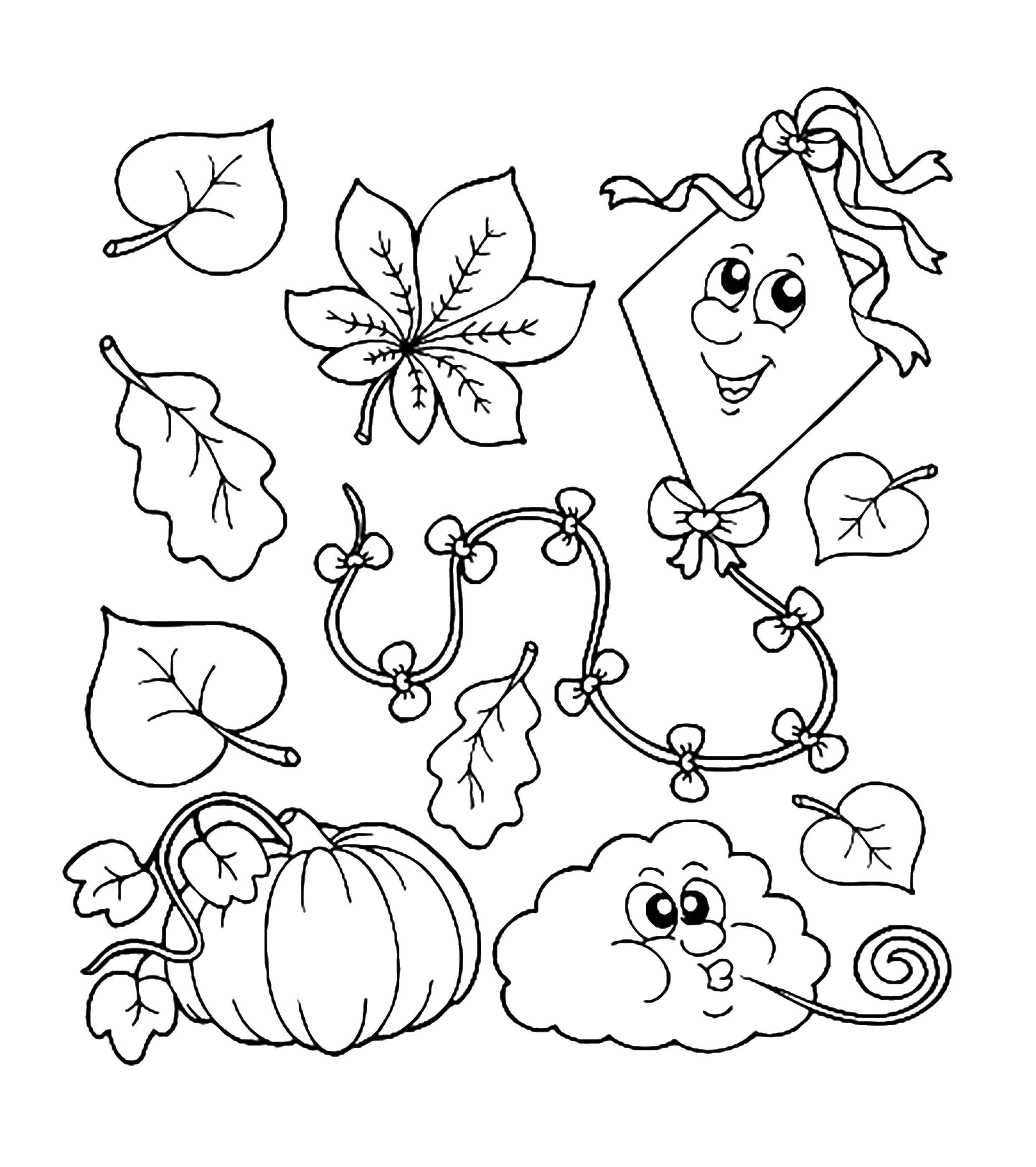 Coloring Pumpkin and kite flying among the leaves. Category Coloring pages for kids. Tags:  Leaves, pumpkin, kite, balloon, or.