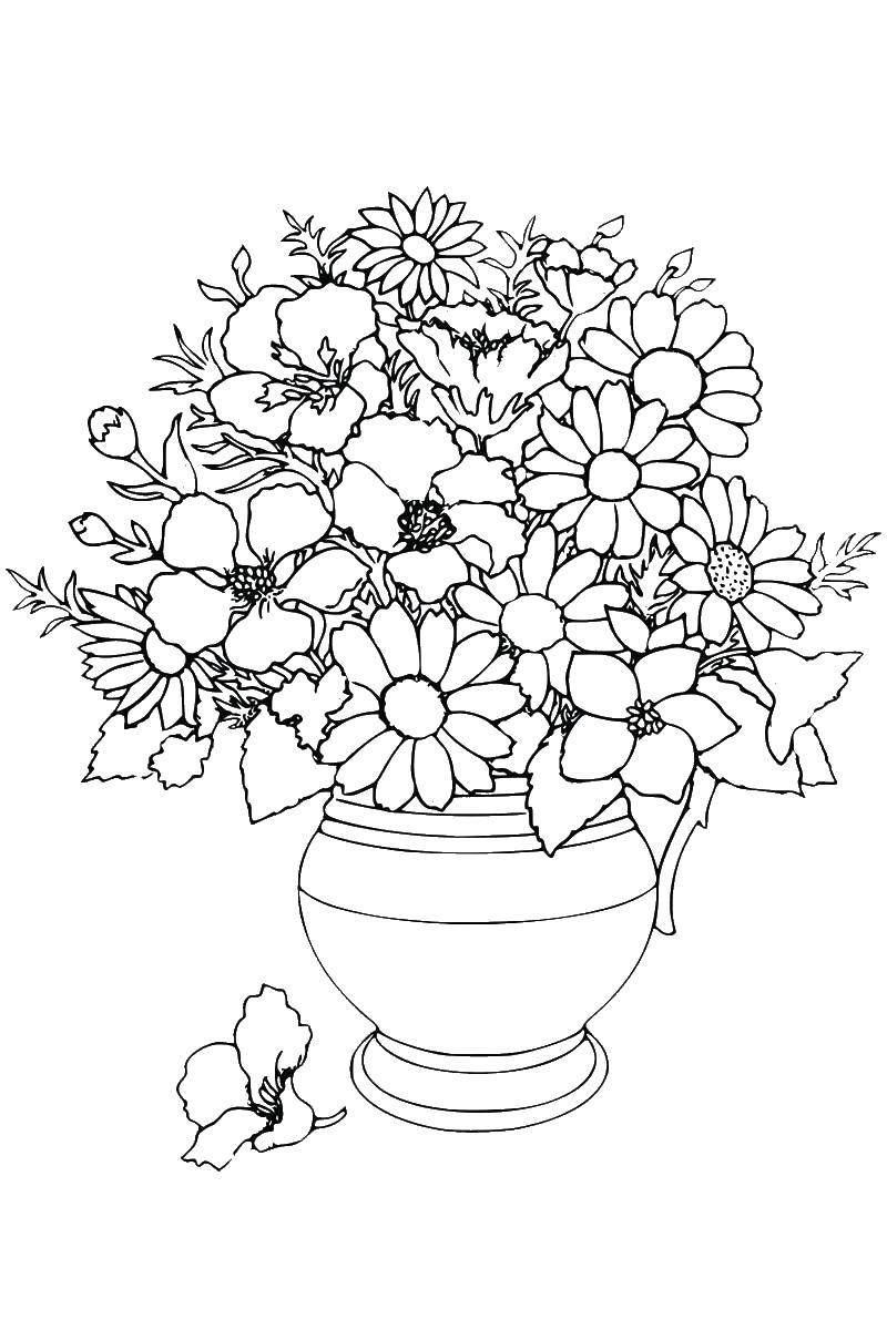 Название: Раскраска Ваза с разными цветами. Категория: раскраски для взрослых. Теги: ваза, цветы, ромашки.