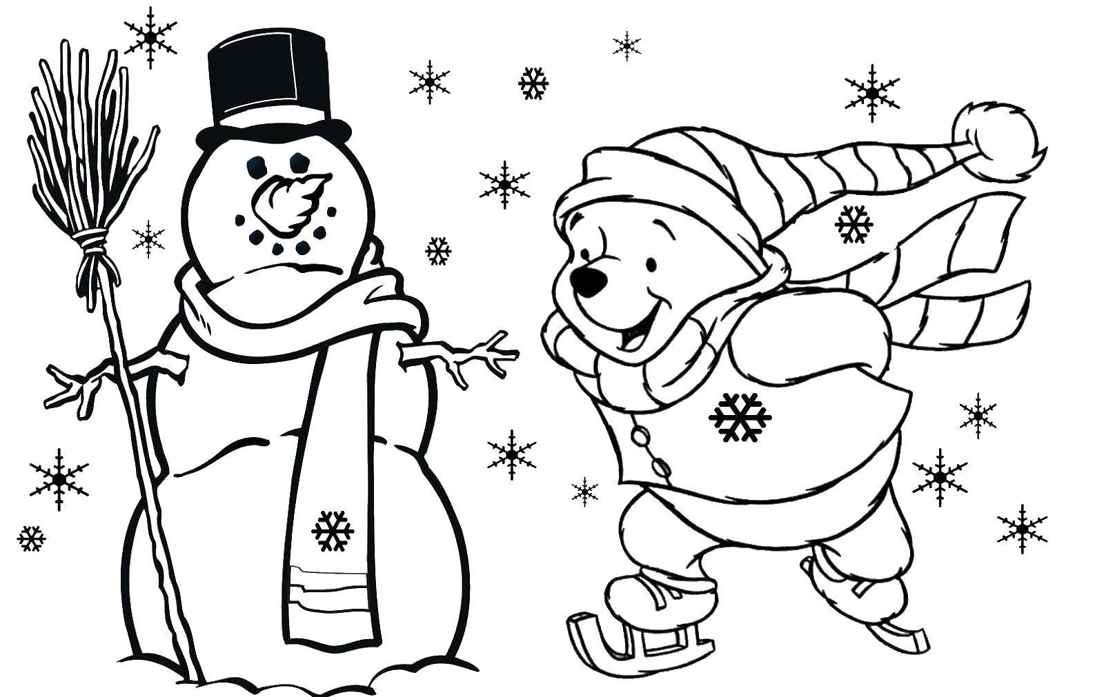 Название: Раскраска Винни пух и снеговик. Категория: Рождество. Теги: снеговик, метла, винни пух.
