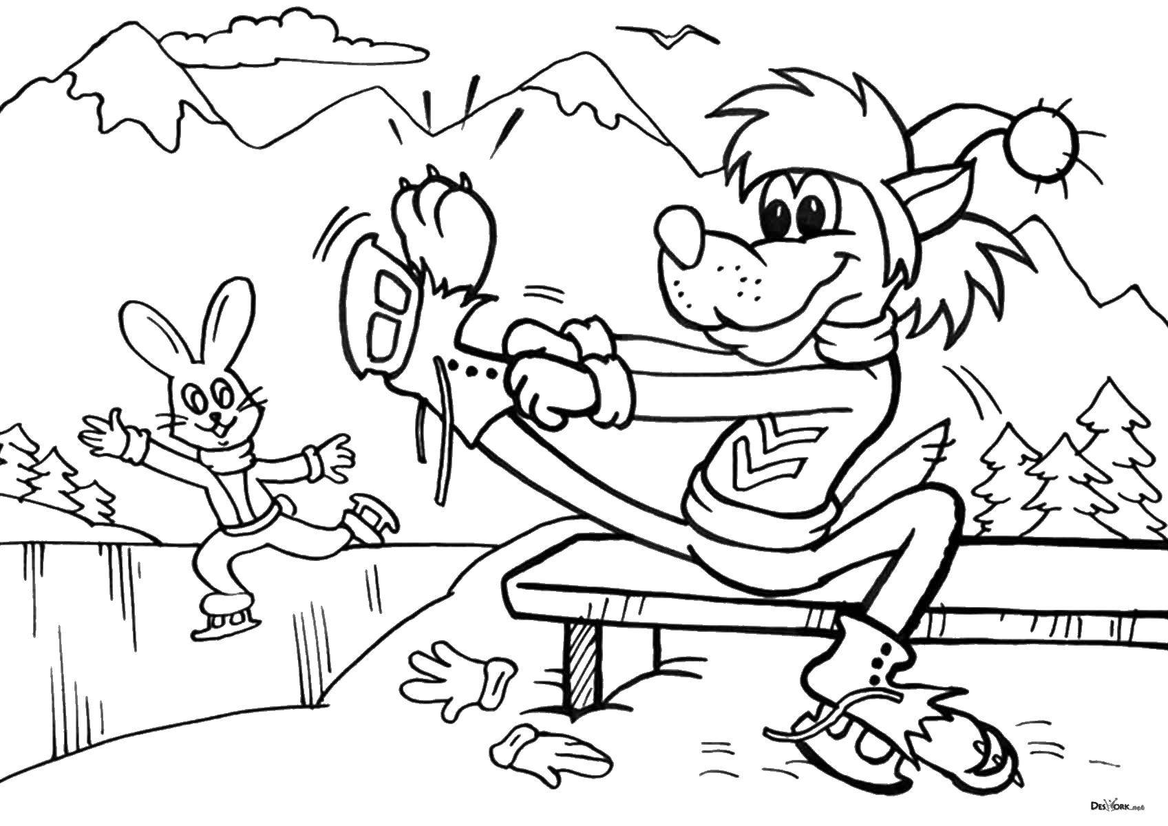 Coloring The wolf and the hare at the rink. Category just wait. Tags:  wolf, rabbit, skating, ice.