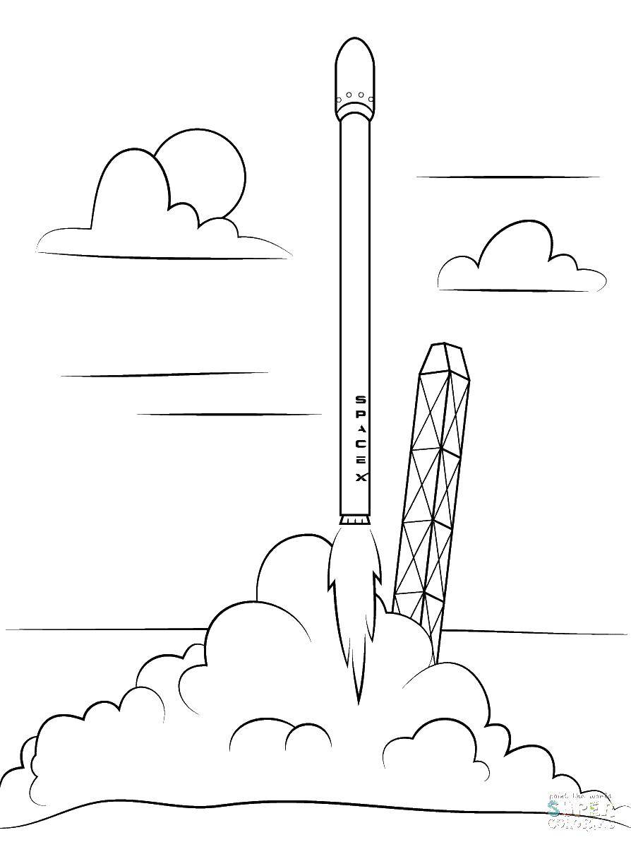 Название: Раскраска Взлет ракеты. Категория: ракеты. Теги: ракеты, небо, взлет.