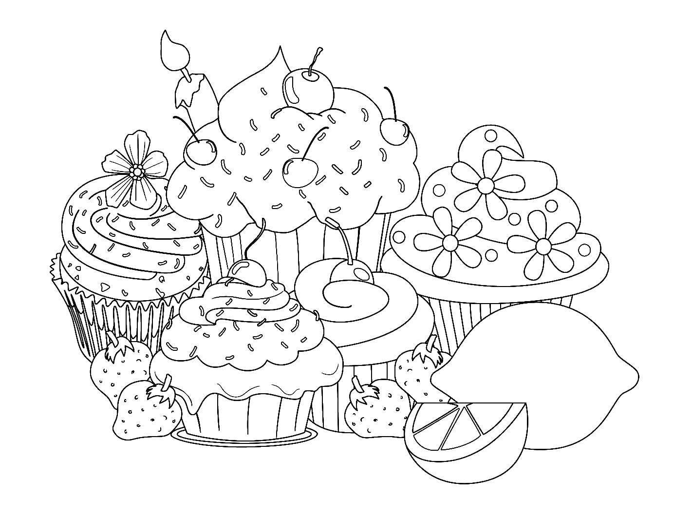 Название: Раскраска Ягоды и кексы. Категория: сладости. Теги: кексы, лимон, клубника, вишня.