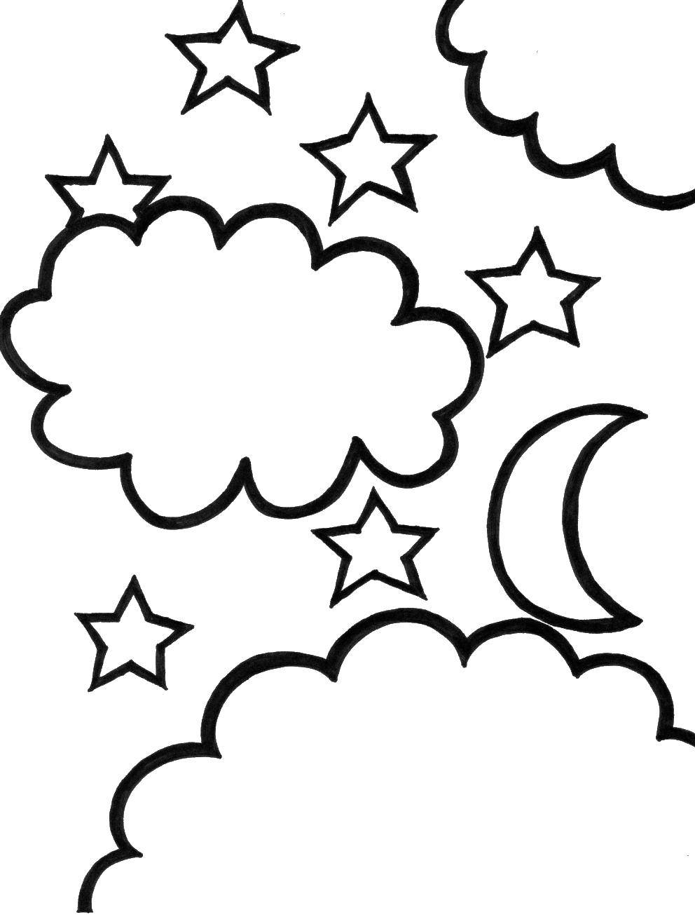 Название: Раскраска Звездное небо и полумесяц в облаках. Категория: Раскраски для малышей. Теги: Ночь, месяц, звезды.