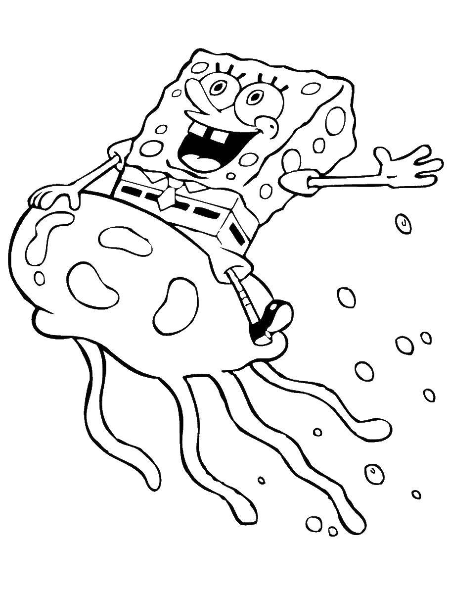 Раскраска Губка боб квадратные штаны летит на медузе Скачать ,Персонаж из мультфильма,.  Распечатать 