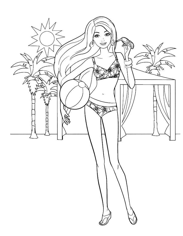 Название: Раскраска Барби на пляже. Категория: лето. Теги: барби, пляж, мяч, купальник.