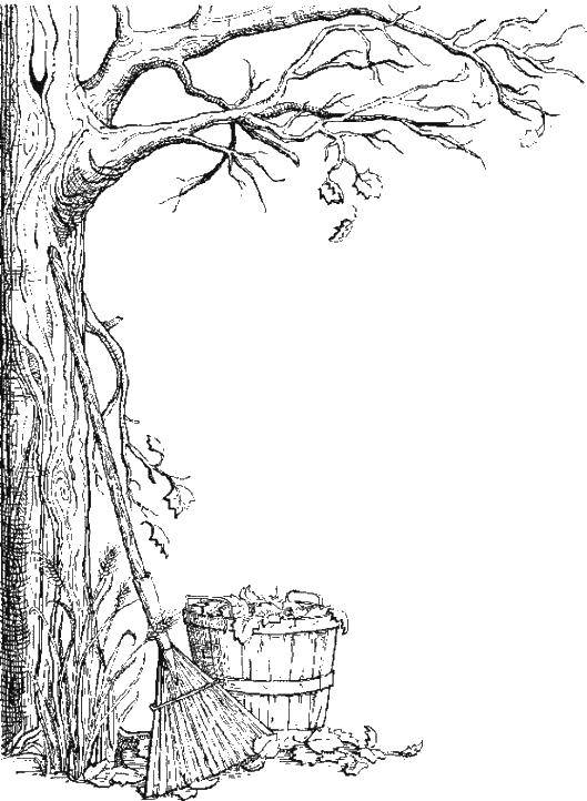 Название: Раскраска Дерево и метла с корзиной. Категория: Осень. Теги: дерево, метла, листья, корзина.