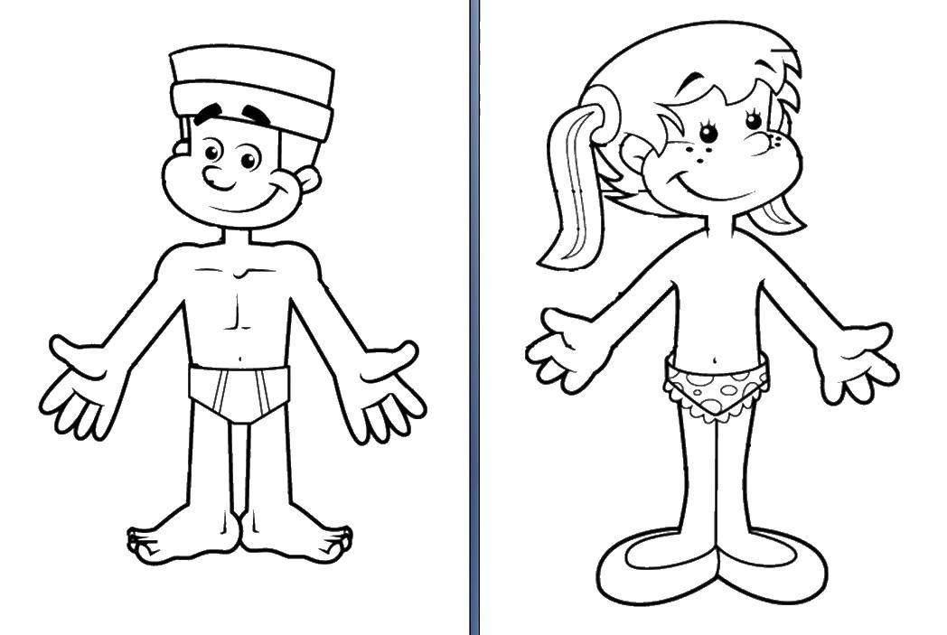 Название: Раскраска Девочка и мальчик в плавках. Категория: дети. Теги: девочка, мальчик, купальник.