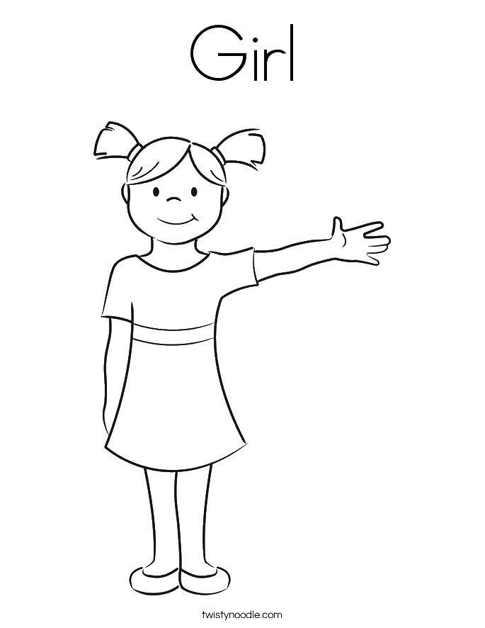 Название: Раскраска Девочка с поднятой рукой. Категория: Контур девочки. Теги: девочка, платье, хвостики.