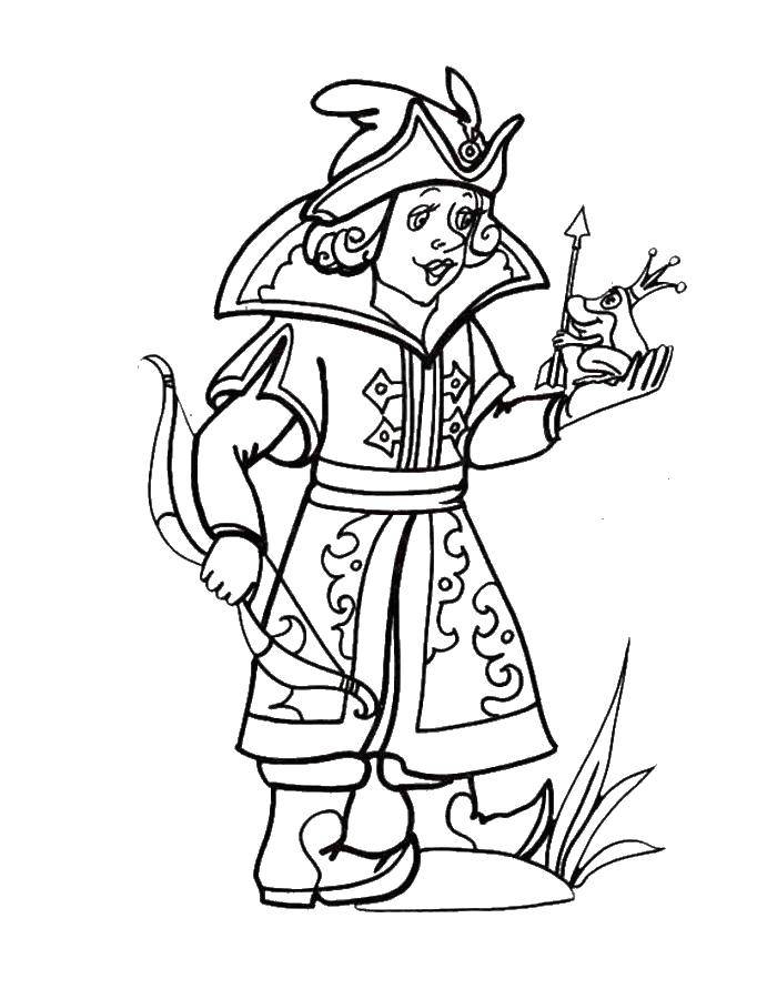 Coloring Ivan Tsarevich and the frog. Category coloring. Tags:  Ivan , a frog, arrow, bow.