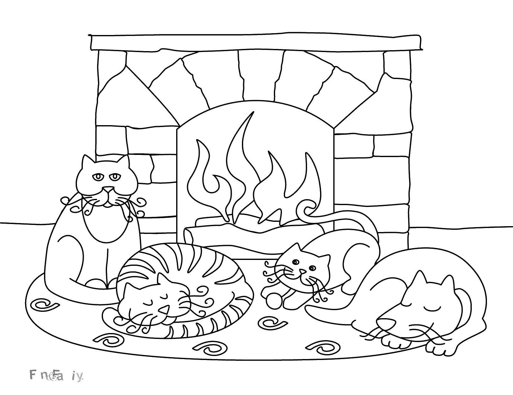 Название: Раскраска Котики греются у камина. Категория: раскраски зима. Теги: Животные, котёнок.