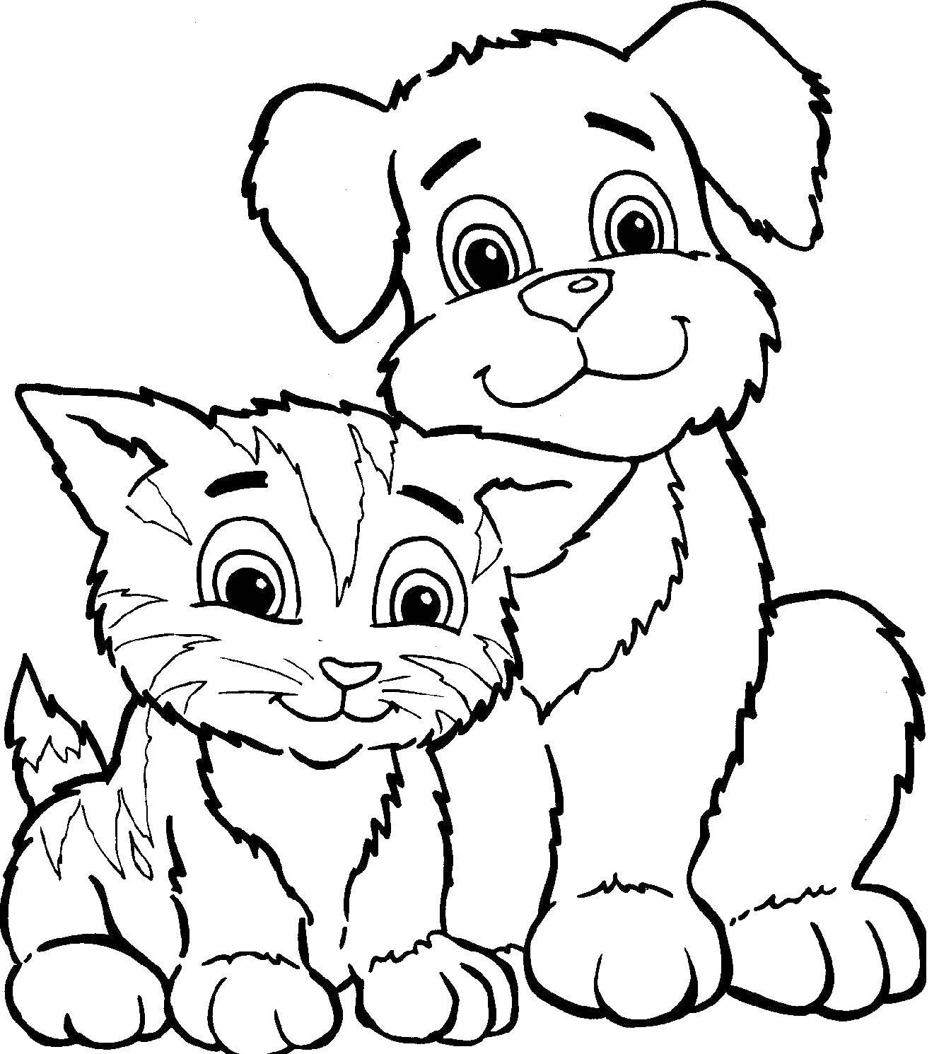 Название: Раскраска Лучшие друзья котенок и щеночек. Категория: животные. Теги: Животные, собака, кот.