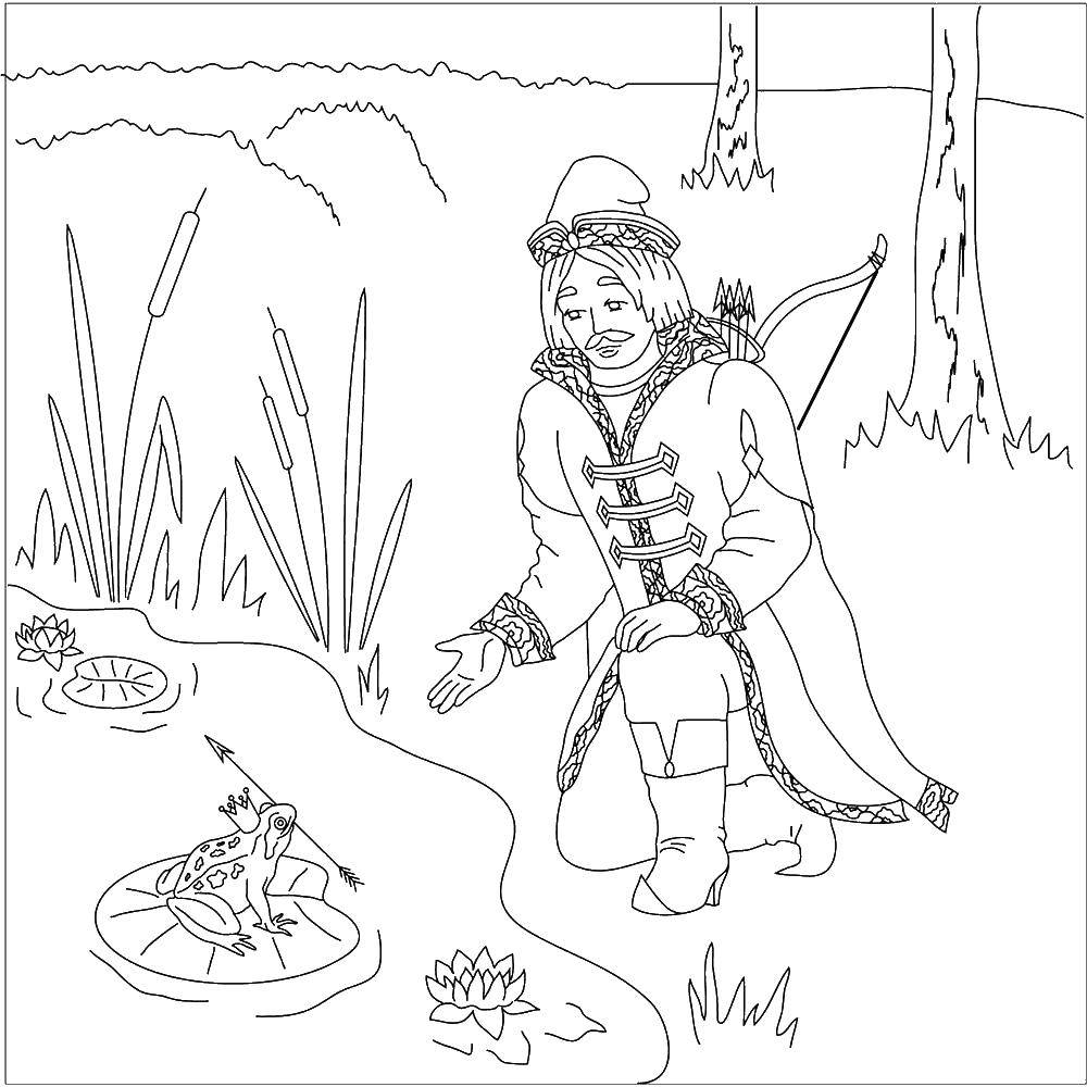 Coloring The frog and Ivan Tsarevich. Category coloring. Tags:  Ivan , a frog, arrow, bow.