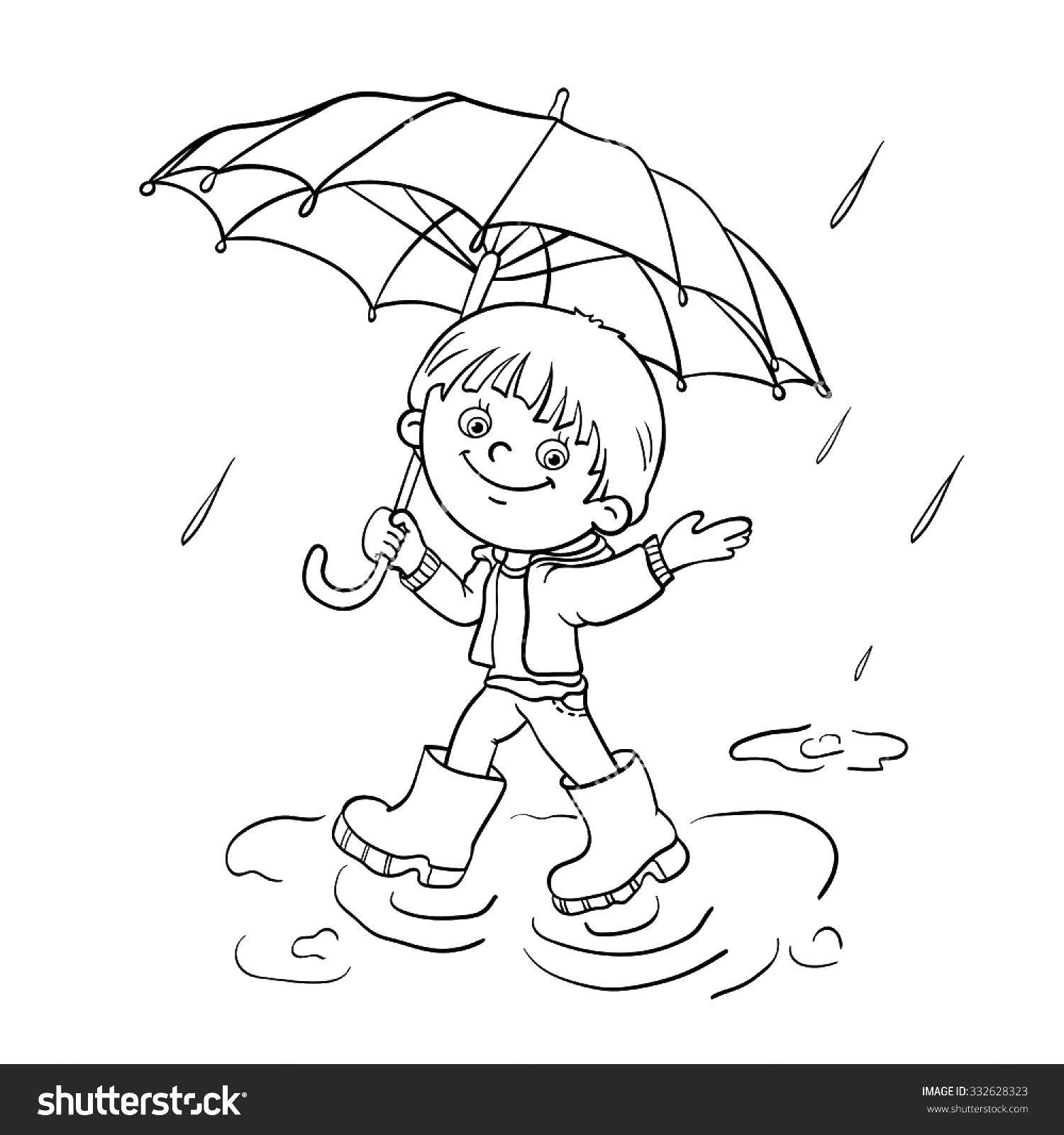 Название: Раскраска Мальчик и зонтик. Категория: контур мальчика. Теги: мальчик, зонт, сапоги.