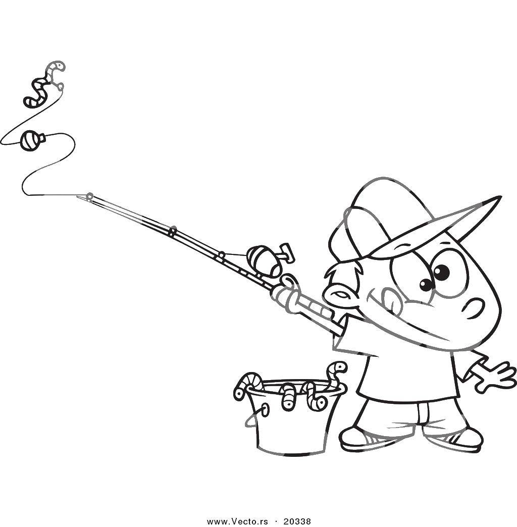 Coloring Boy with a fishing rod. Category children. Tags:  children, boys, fishing rod.