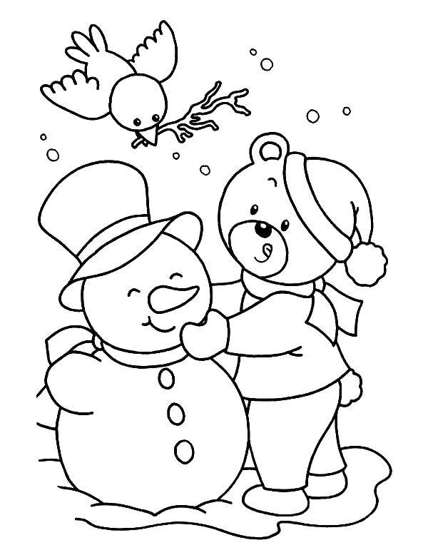 Название: Раскраска Медведь строит снеговика. Категория: раскраски зима. Теги: Снеговик, снег, зима.