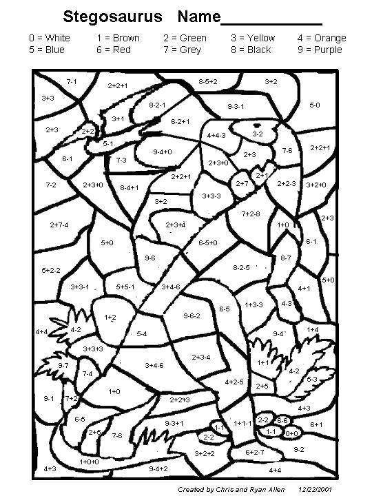 Coloring Solve examples and paint dinosaur. Category mathematical coloring pages. Tags:  Math, counting, logic.