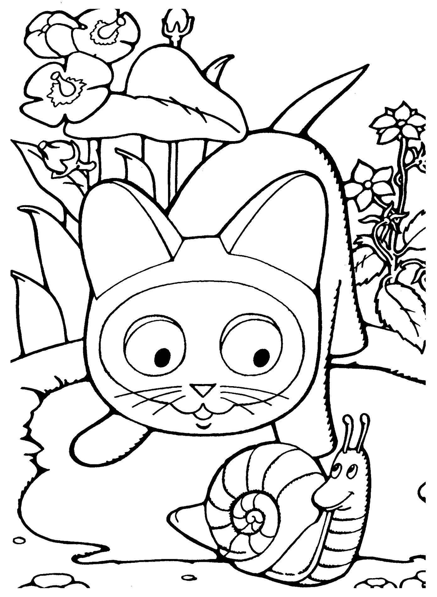 Название: Раскраска Рисунок кошка за охотой на улитку. Категория: домашние животные. Теги: кошка, кот.