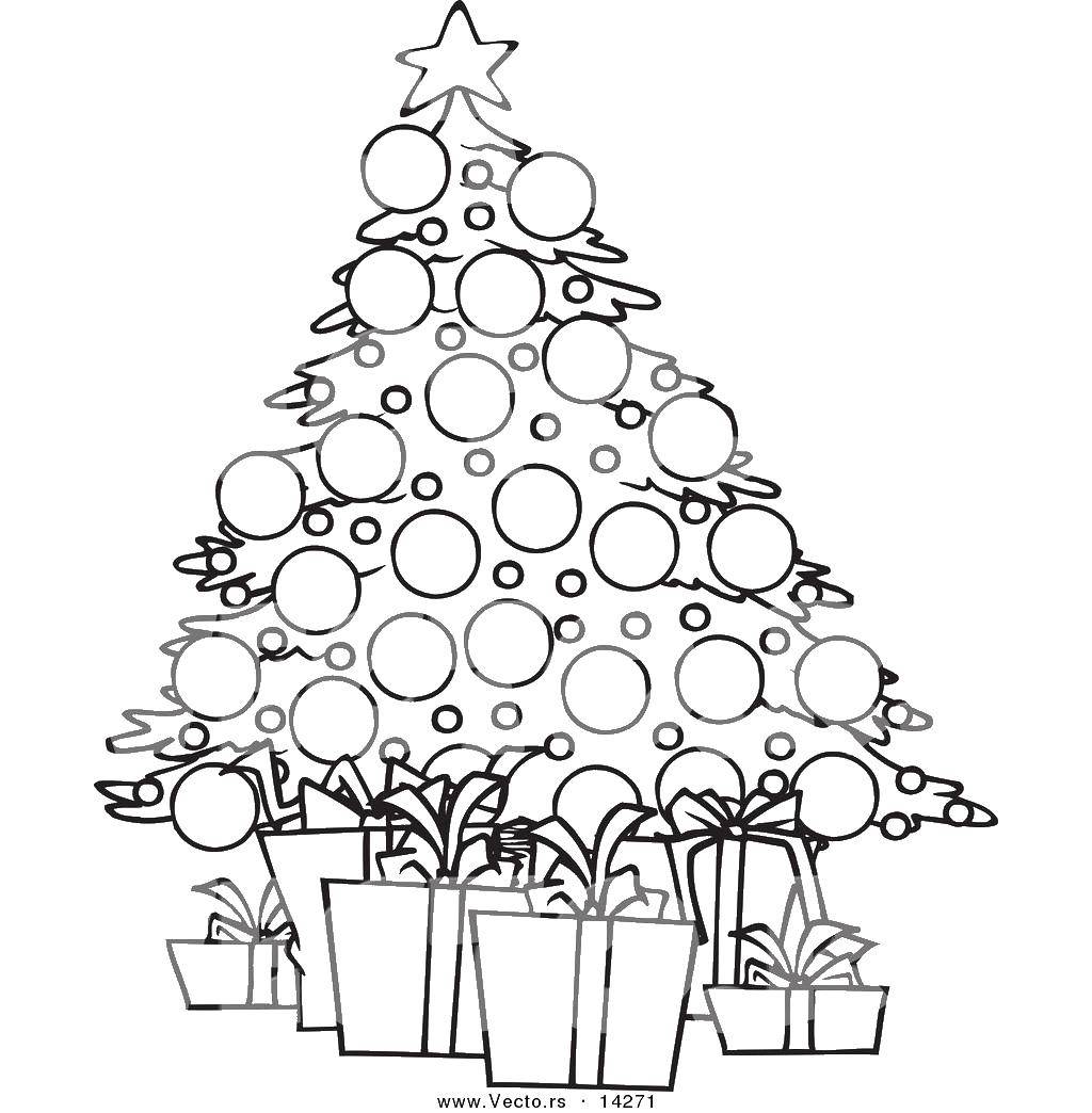 Название: Раскраска Рождественская елка и подарки. Категория: Рождество. Теги: елка, подарки, звезда.