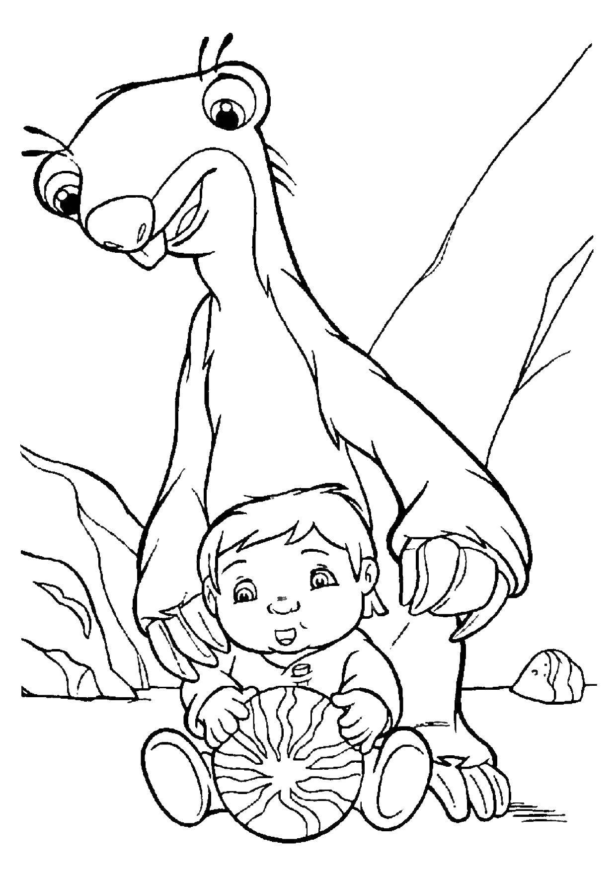 Название: Раскраска Сид и ребенок. Категория: ледниковый период. Теги: сид, ребенок, мяч.