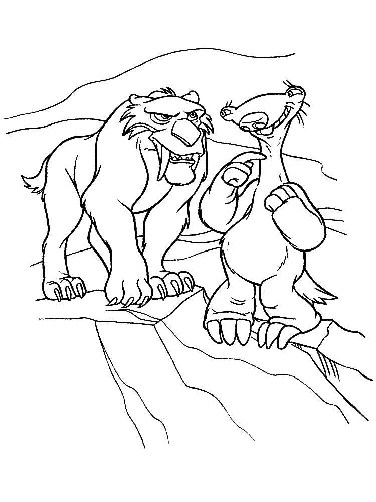 Coloring Sid and saber-toothed tiger. Category ice age. Tags:  tiger, sid, sloth.