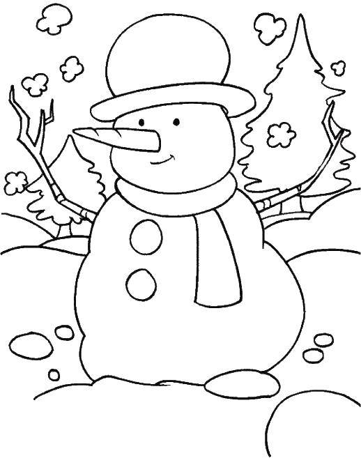 Название: Раскраска Снеговик и шляпа. Категория: раскраски зима. Теги: снеговик, шляпа, шарф, ветки.