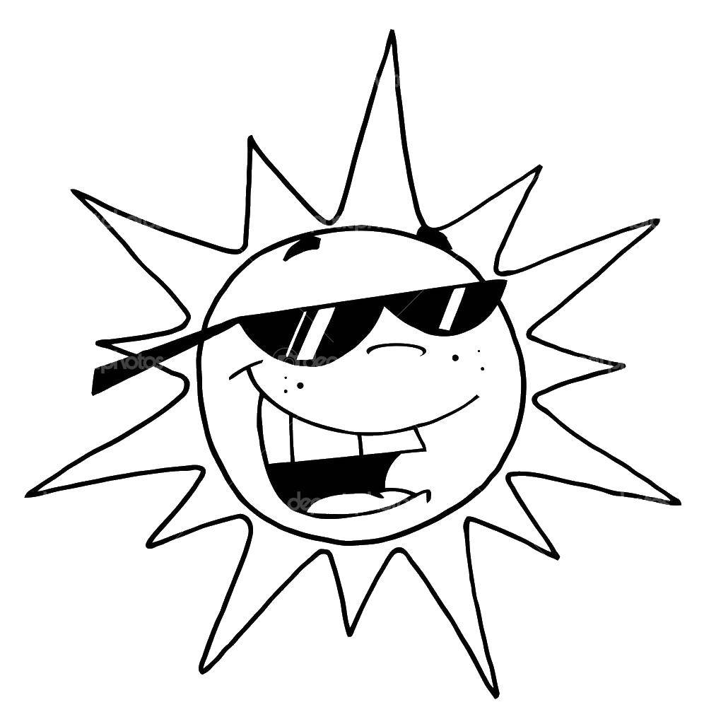 Название: Раскраска Солнце с очками. Категория: Контур солнца. Теги: солнце, зубы, очки.