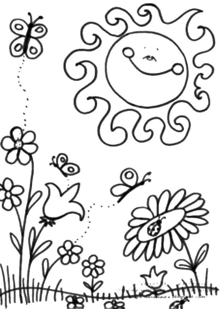 Название: Раскраска Солнышко улыбается цветам. Категория: Весна. Теги: Весна, цветы, тепло.
