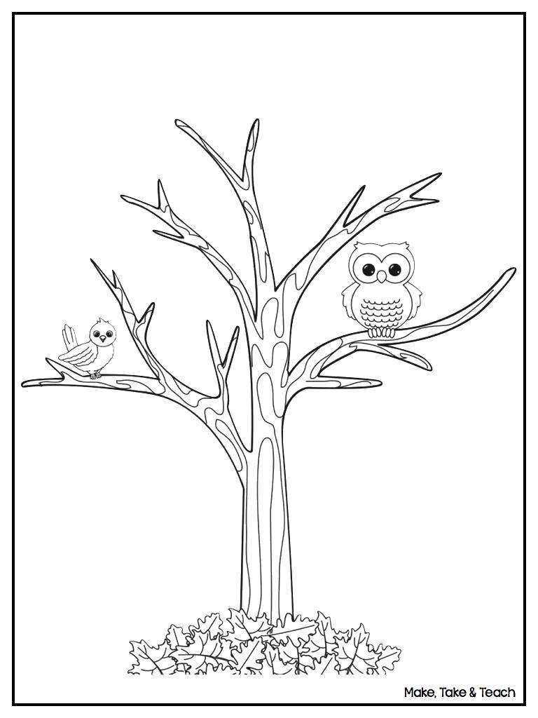 Название: Раскраска Сова и птичка на дереве. Категория: дерево. Теги: Деревья, птицы.