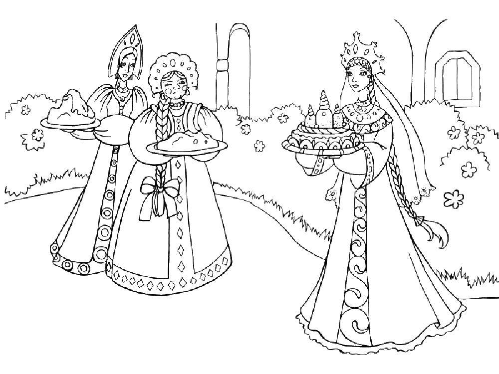 Название: Раскраска Три девицы. Категория: раскраски. Теги: девушки, кокошники, пироги.