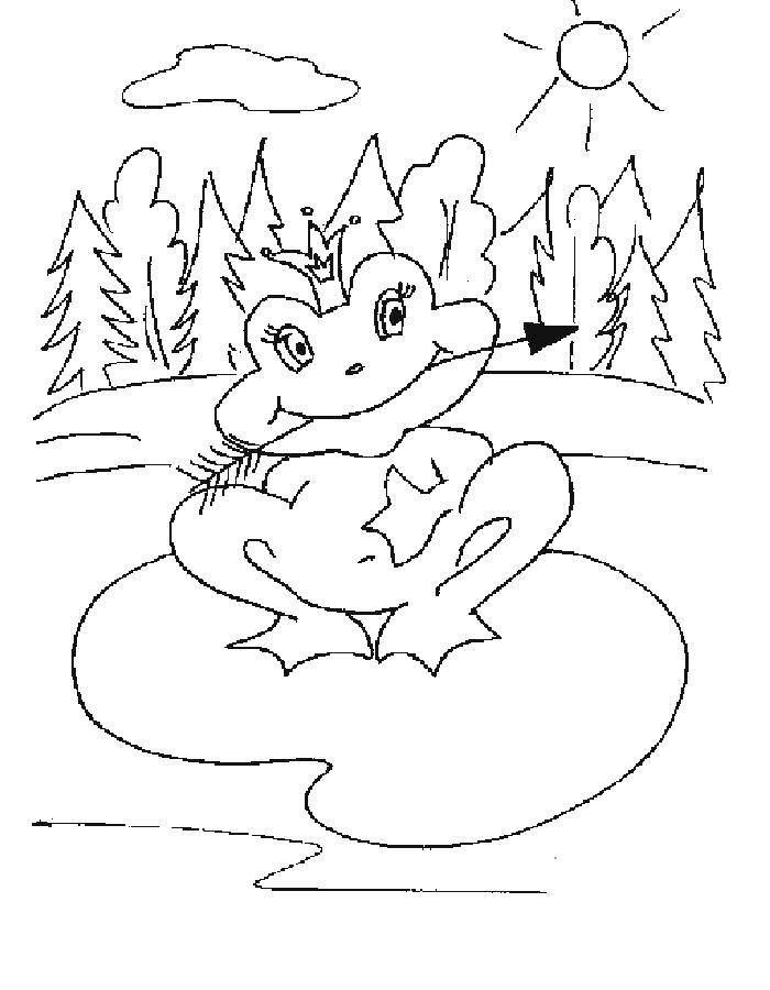Название: Раскраска Царевна лягушка в лесу. Категория: раскраски. Теги: лягушка, корона, стрела, елки.