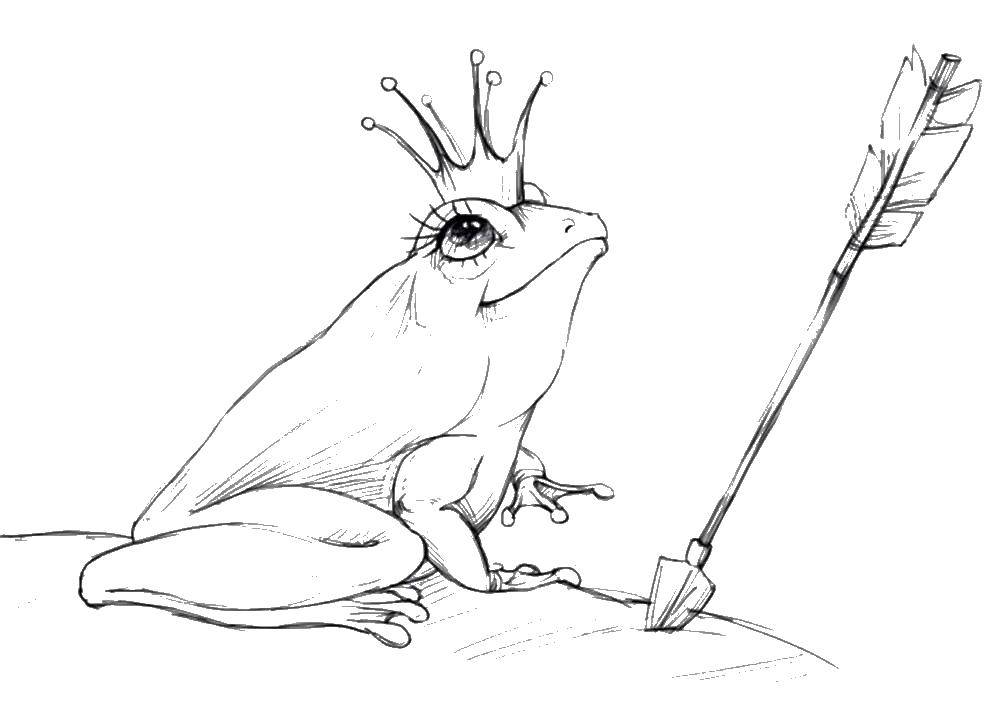 Название: Раскраска Царевна лягушка. Категория: Сказки. Теги: лягушка, корона, стрела.