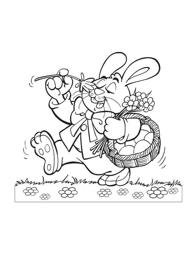 Coloring Bunny picking flowers. Category Easter. Tags:  Easter, eggs, patterns, rabbit.