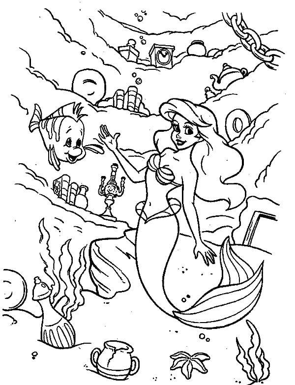 Название: Раскраска Ариэль и флаундер в подводном царстве. Категория: Диснеевские мультфильмы. Теги: Дисней, русалочка, Ариэль.