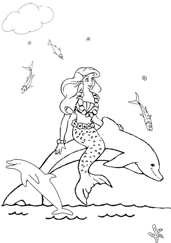 Название: Раскраска Ариэль на дельфине. Категория: мультфильмы. Теги: Дисней, русалочка, Ариэль.