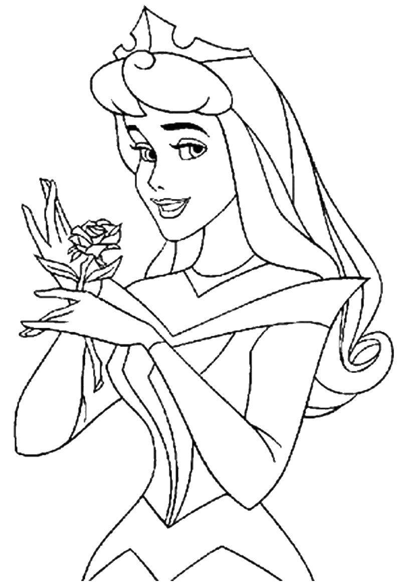 Название: Раскраска Аврора с розой. Категория: принцесса. Теги: Аврора, роза, корона.