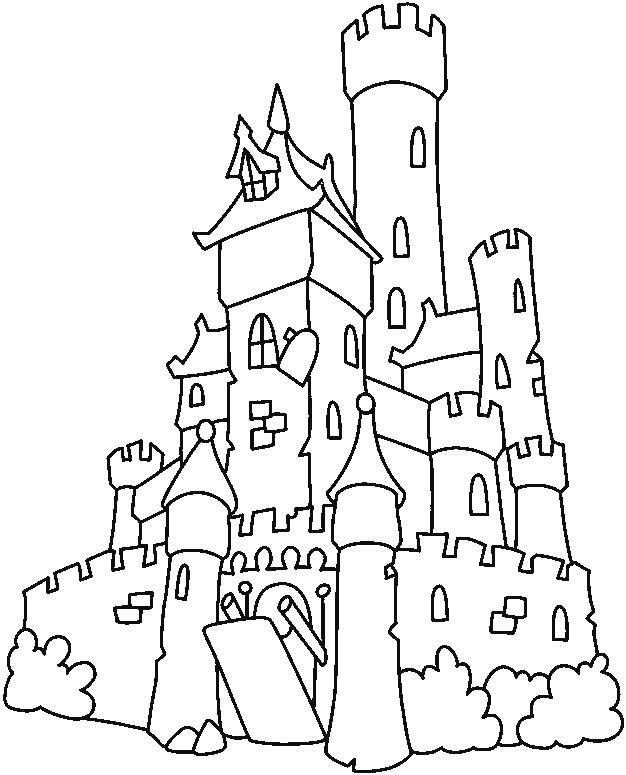 Название: Раскраска Большой замок с кустами. Категория: Замки. Теги: замок, башни, флаги.