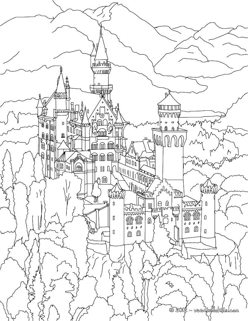 Название: Раскраска Большой замок в горах. Категория: Замки. Теги: замки, замок, башни, горы.