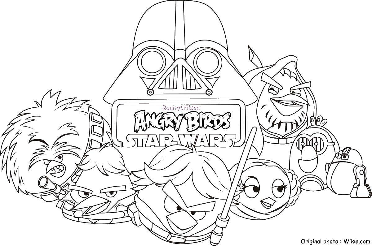 Coloring Darth Vader and angry birds. Category angry birds. Tags:  angry birds, birds, Darth Vader.