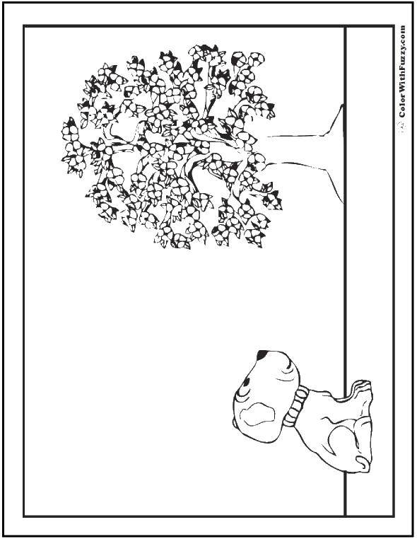 Название: Раскраска Дерево и щенок. Категория: Собака. Теги: щенок, дерево, цветы.