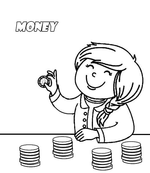 Название: Раскраска Девочка и монеты. Категория: Деньги. Теги: девочка, монеты, деньги.