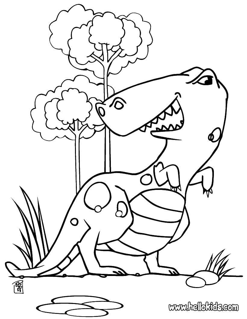 Название: Раскраска Динозавр с маленькими лапками. Категория: динозавр. Теги: динозавр, деревья, камни.