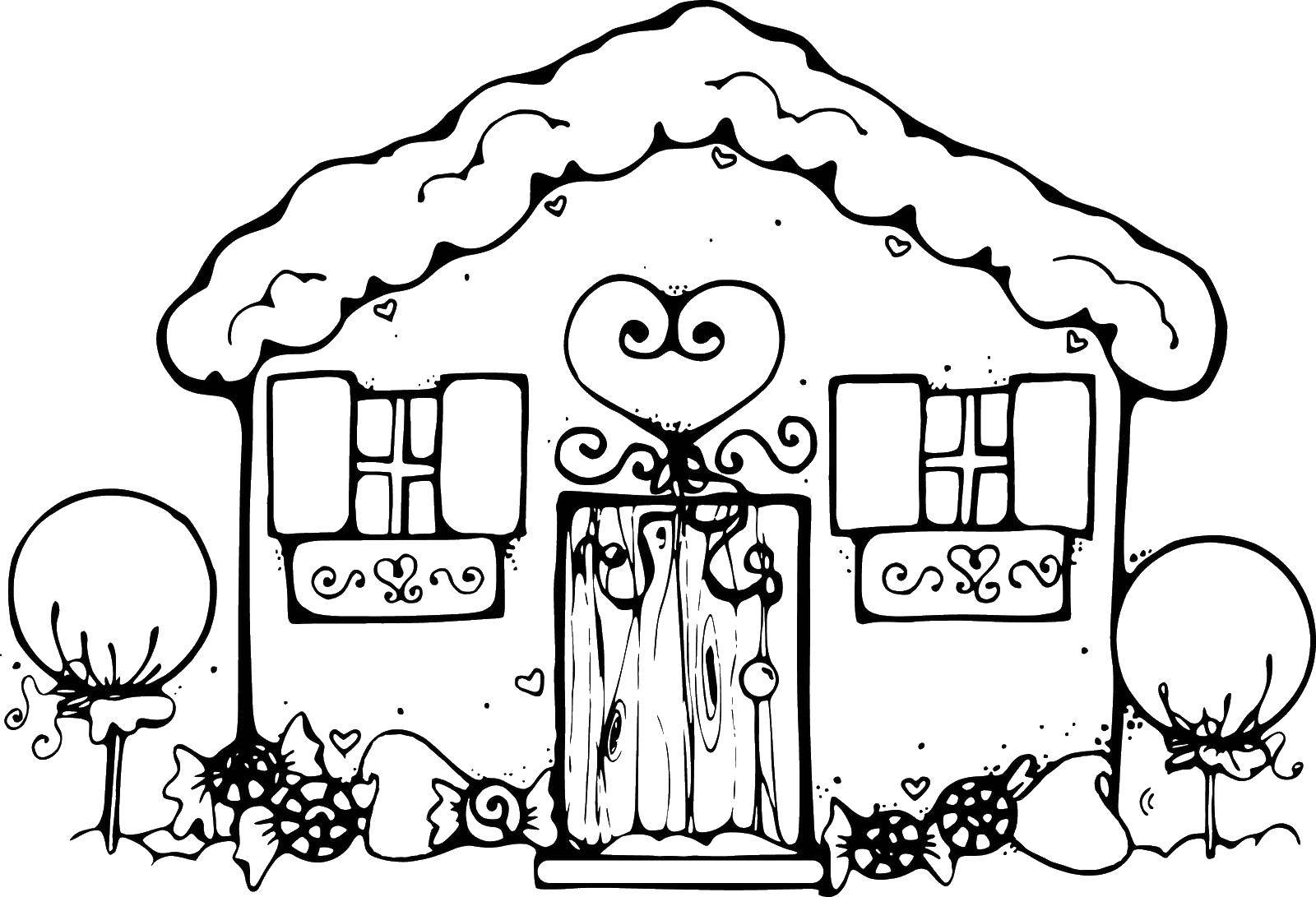 Название: Раскраска Дом из сладостей. Категория: Раскраски дом. Теги: дом, леденцы, сладости, дверь.