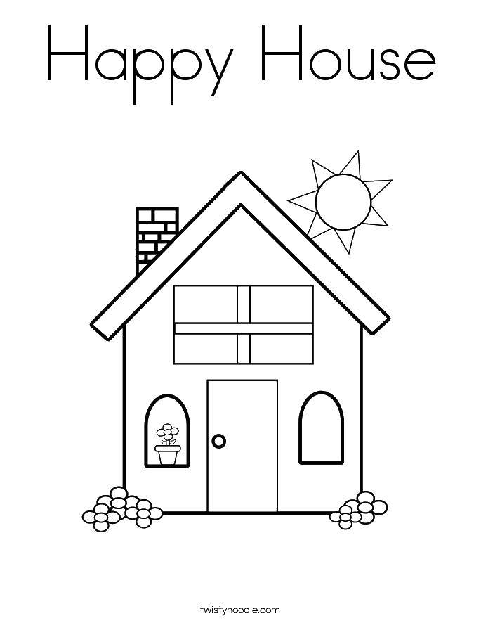 Название: Раскраска Дом с крышей и цветок в горшке. Категория: Раскраски дом. Теги: дом, крыша, солнце.
