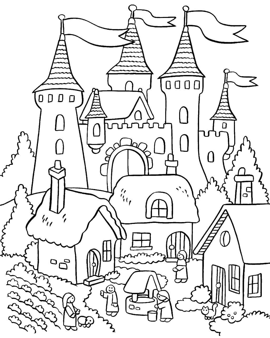 Название: Раскраска Дома и замок. Категория: Раскраски дом. Теги: дом, замок, колодец, люди.