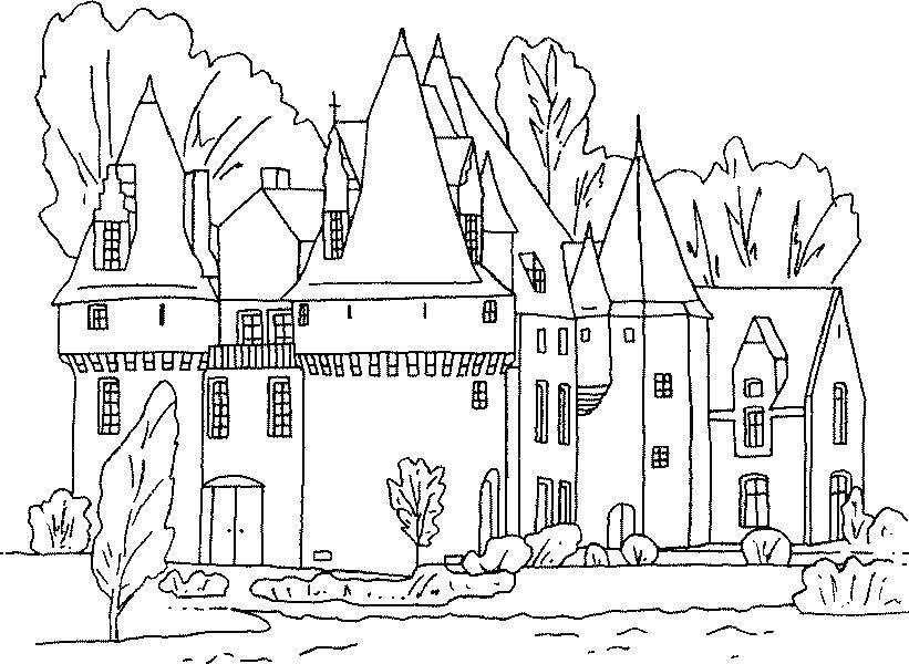 Название: Раскраска Дома с башнями. Категория: Замки. Теги: дом, башни, деревья.