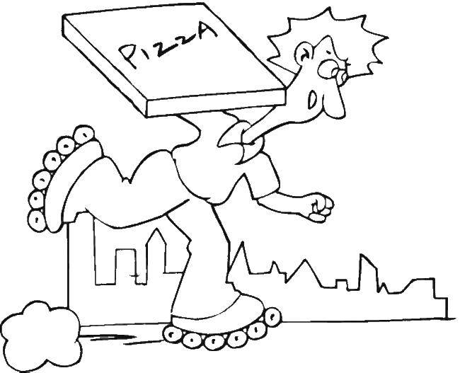 Coloring The pizza guy is in a hurry to deliver the order on the rollers. Category Coloring pages for kids. Tags:  Pizza, videos, deliveryman.